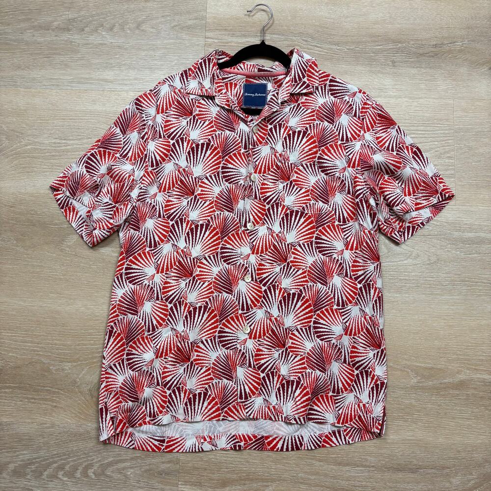 Tommy Bahama Silk Short Sleeve Pattern‎ Button Up Shirt Men’s M Color Red/Orange